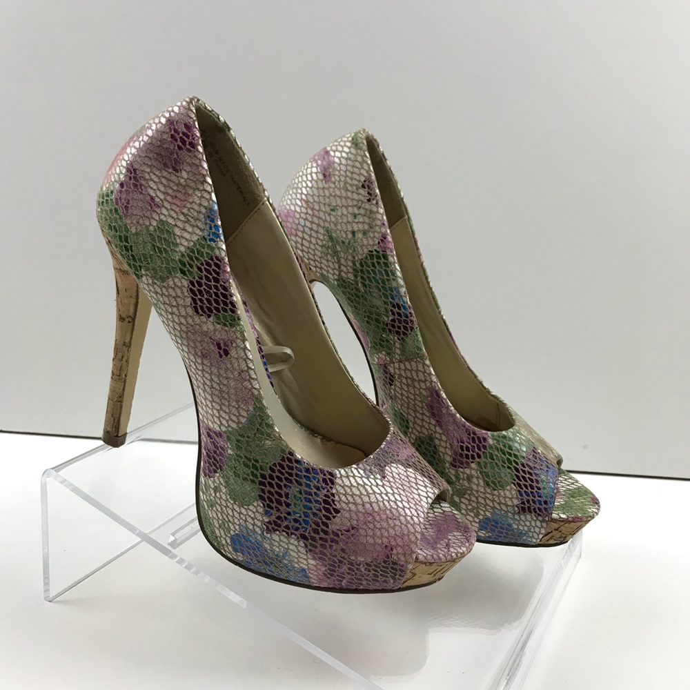 Torta Caliente Pastal Floral Peep Toe Cork Heels
